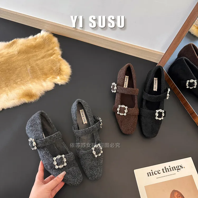 内增高方头水钻小香风百搭单鞋女2025秋冬季加绒灰色玛丽珍晚晚鞋