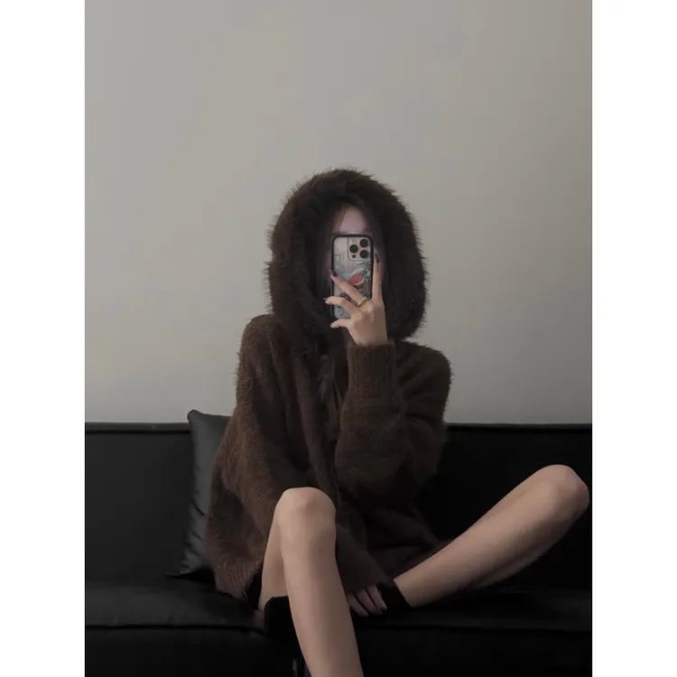 慵懒风连帽软糯保暖毛衣外套女秋冬款宽松简约高级感针织毛领上衣