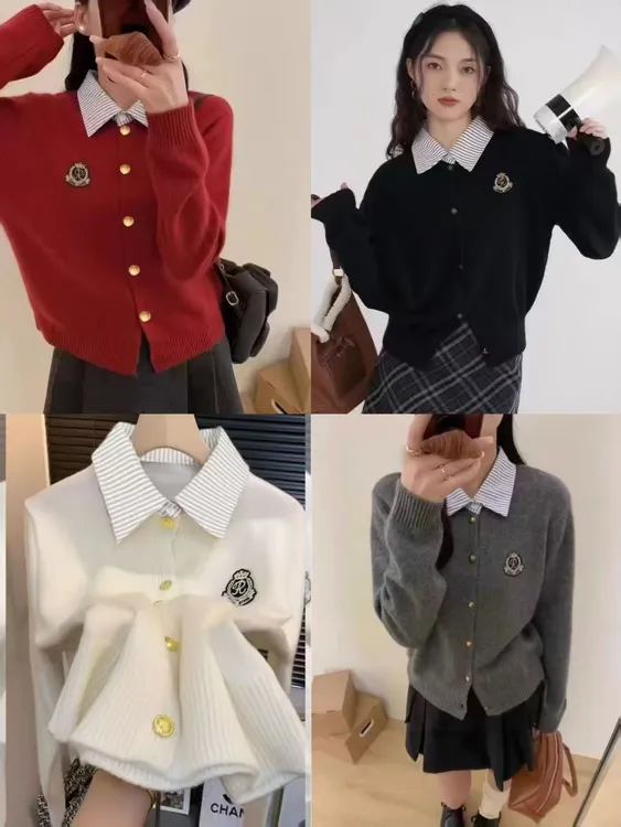 巨好看的早秋穿搭假两件微章针织衫女韩版温柔风短款宽松长袖毛衣