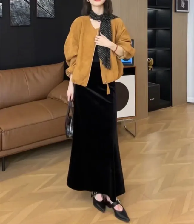 新款长袖宽松拉链外套高腰半身裙女装03