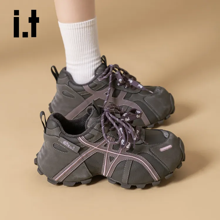 it ete厚底老爹鞋女鞋2025冬季新款加绒保暖棉鞋小个子显高运动鞋