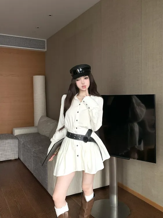 西亚麦浪 气质纯欲风辣妹性感长袖连衣裙衬衫裙收腰显瘦A字短裙女