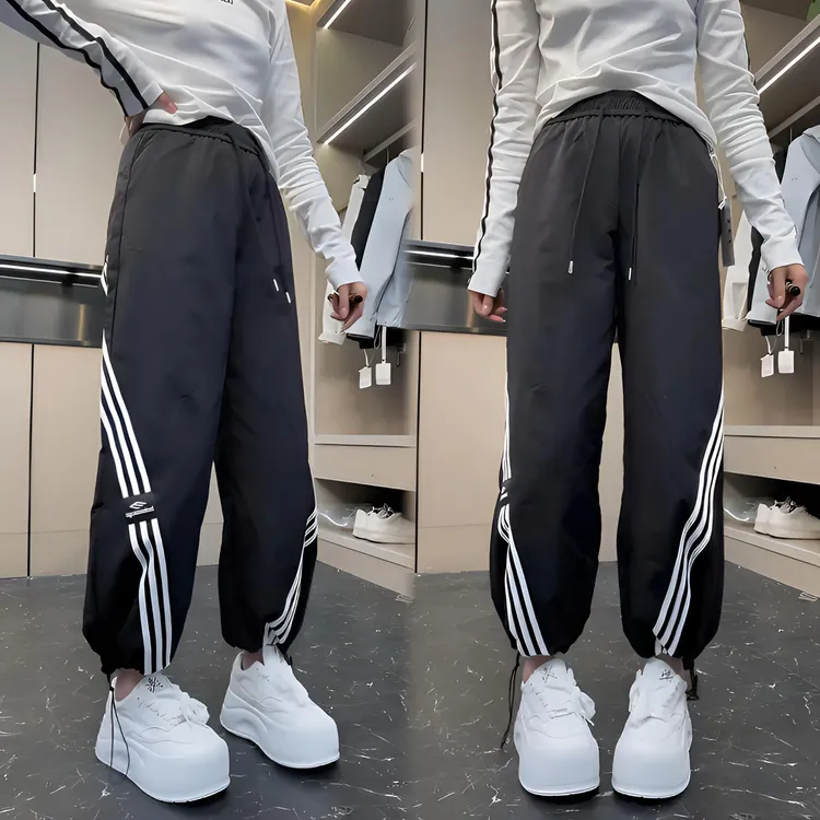 2025夏季女条纹设计阔腿裤显瘦洋气休闲裤时尚运动宽松裤脚抽绳