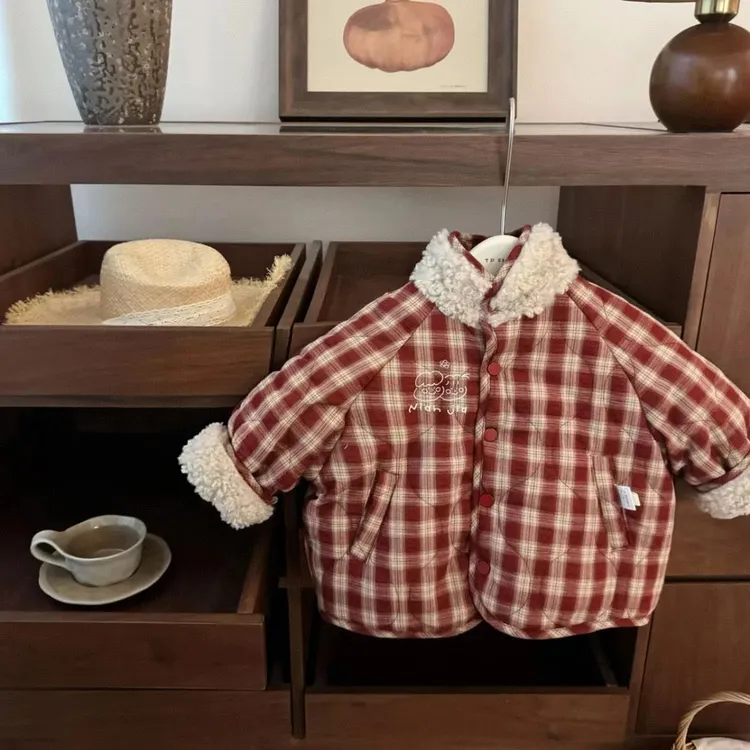 童装女童加厚保暖外套2025冬季圣诞元旦新款儿童格子棉衣两面棉服