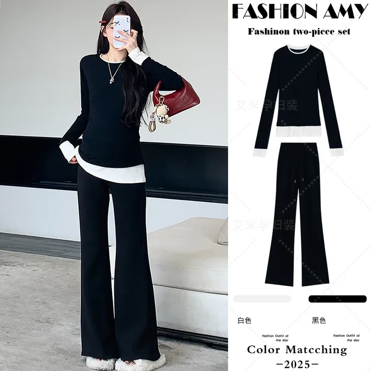 孕妇装秋装新款时尚韩版气质显瘦假两件长袖T恤休闲微喇裤子套装