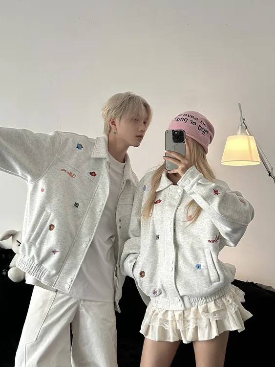 情侣装植物花卉秋季刺绣秋冬翻领时尚港风套装夹克长袖外套