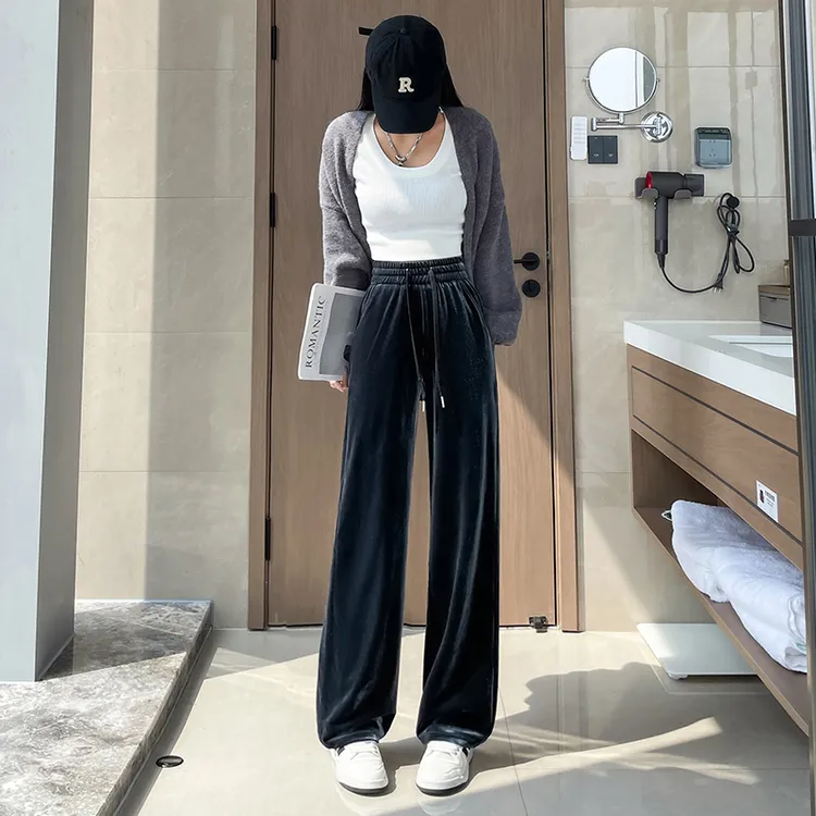 加绒金丝绒阔腿裤女秋冬2025新款垂感小个子显瘦直筒拖地丝绒裤子