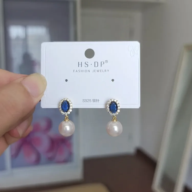 纯铜锆石耳饰 铜镀真金蓝色锆石珍珠耳钉高级温柔大气灵动百