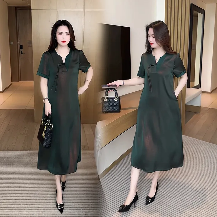 时尚洋气中老年妈妈装夏季新款国风连衣裙气质过膝遮肉大码中长裙