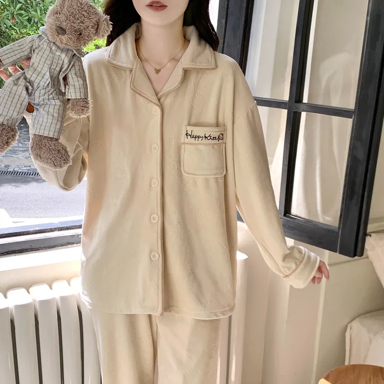 珊瑚绒海岛绒2025年新款秋冬睡衣女甜美薄绒可外穿保暖家居服套装