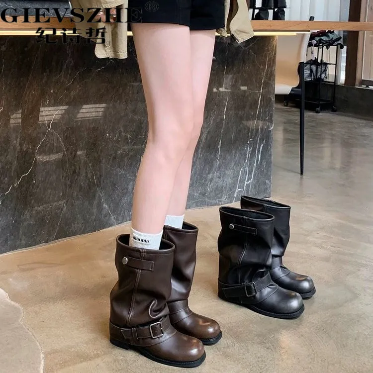 纪诗哲西部牛仔靴女秋季新款褶皱堆堆马丁靴复古时尚粗跟裤管靴