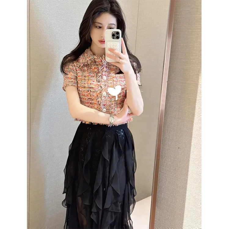2025夏季新款时尚韩系洋气高级感小香风短袖上衣女高腰百搭半身裙