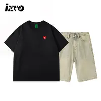 IZRO男女同款休闲时尚运动百搭色情侣宽松圆领T恤+牛仔短裤套装