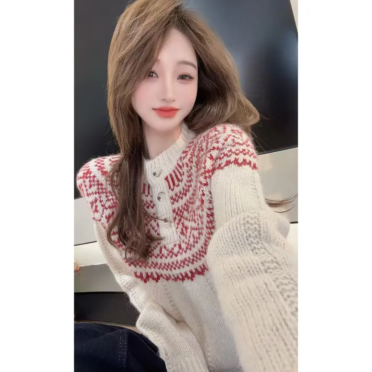 【陈陈私服】氛围感温柔提花毛衣费尔岛慵懒长袖针织开衫25120903