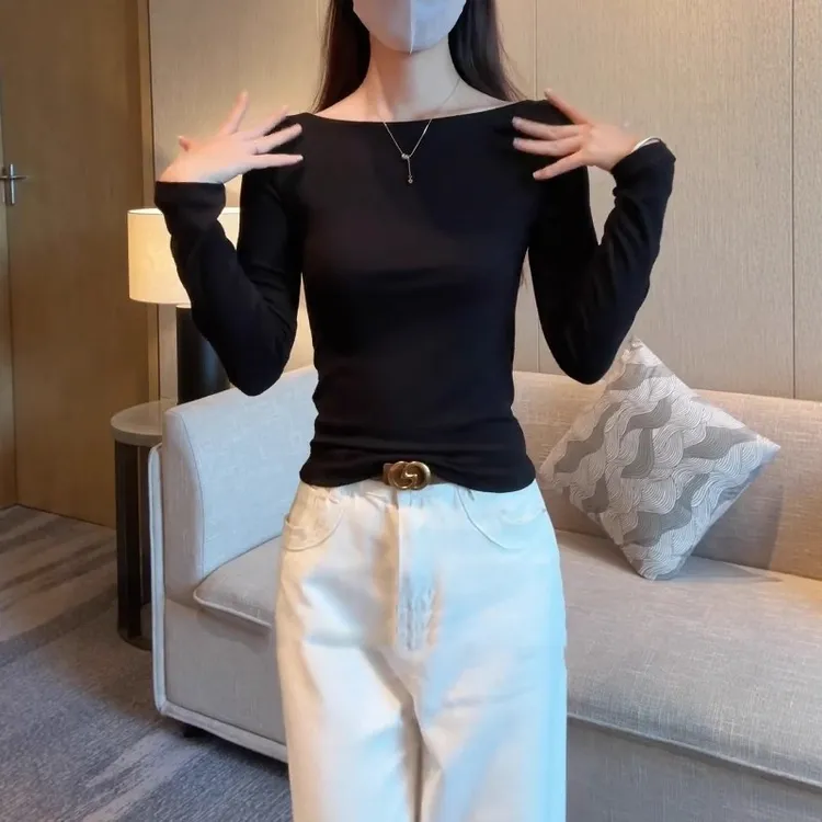 高级感一字领长袖T恤秋冬新款胖MM大码女装气质修身显瘦打底上衣