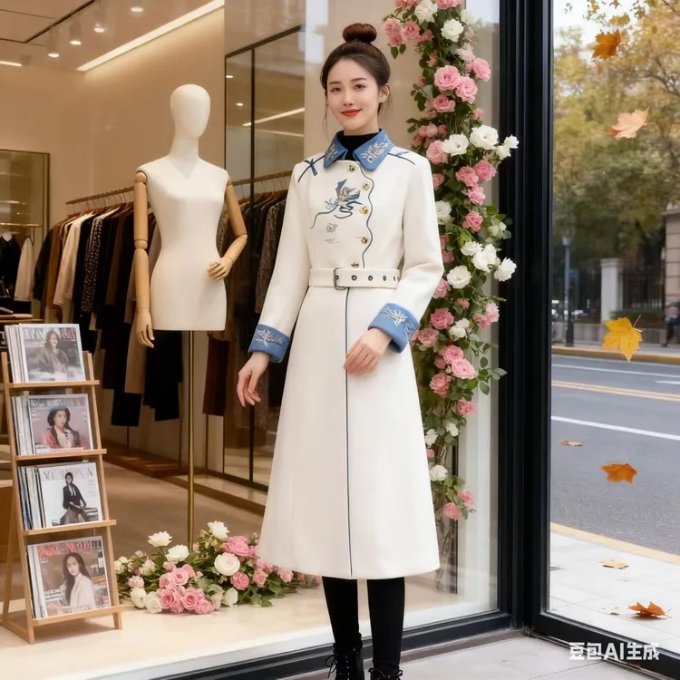 毛呢外套女中长款秋冬新款复古风刺绣收腰显瘦呢子大衣民族风洋气