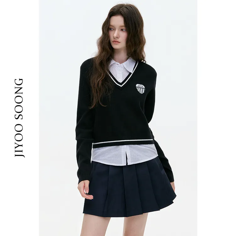 JIYOO SOONG | 英式静酷学院风假两件秋冬撞色针织长袖上衣