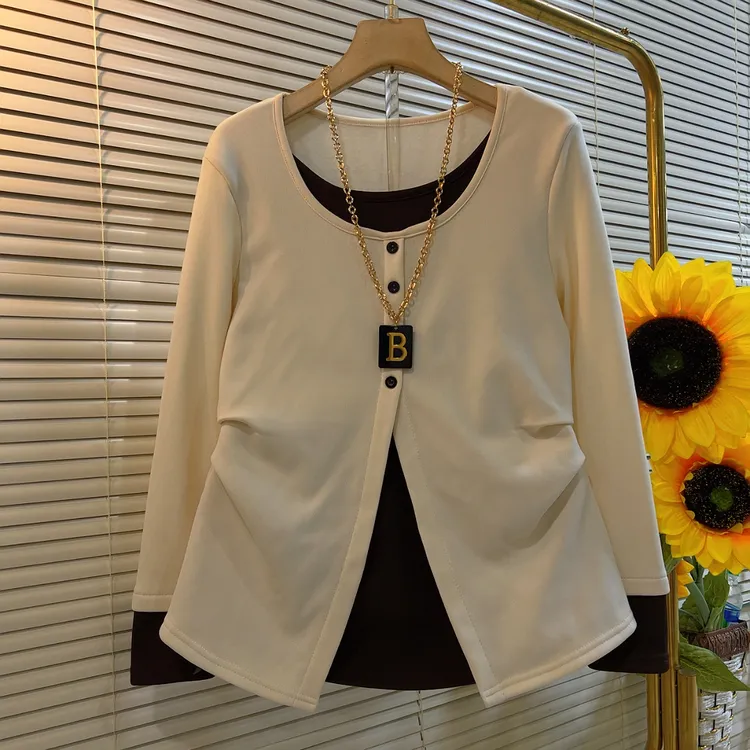 XMN秋冬新款加绒假两件长袖上衣