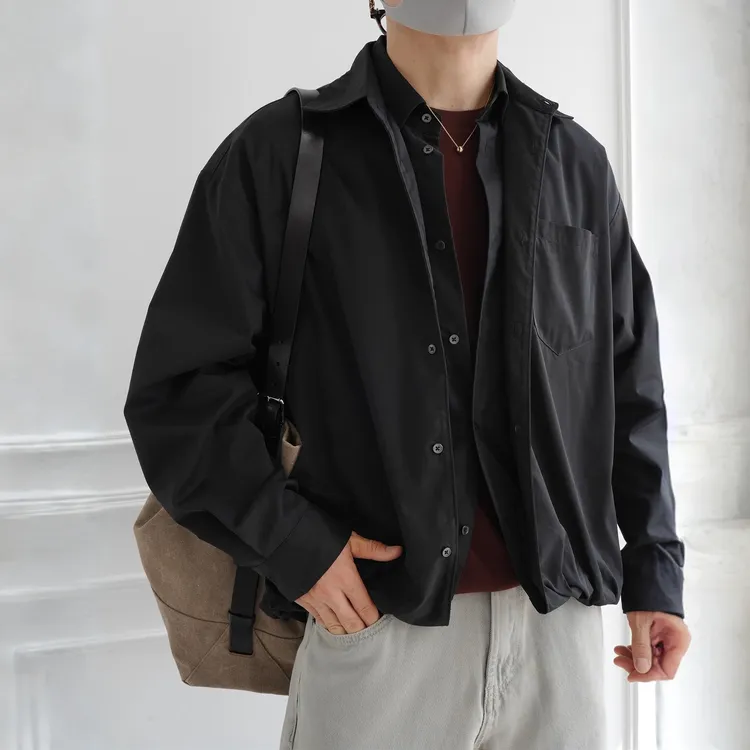 原创设计轻奢假两件双领牛仔衬衫男秋季潮流新款简约百搭时尚外套