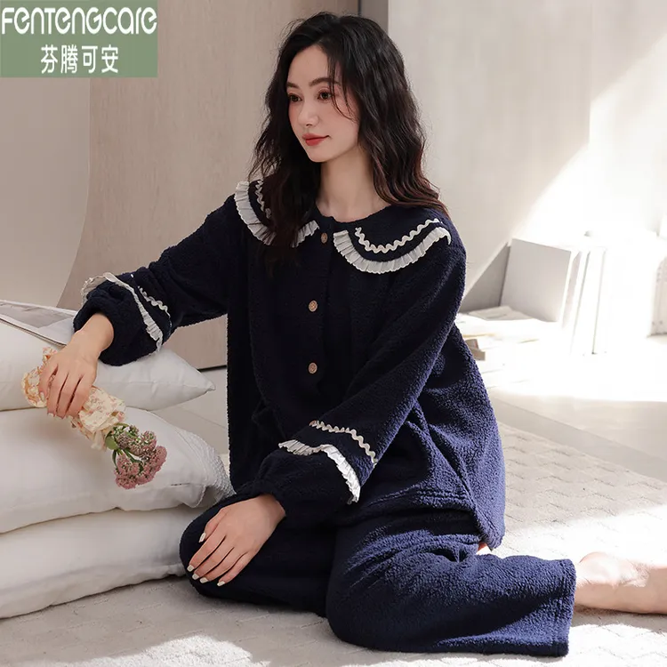 芬腾可安高档珊瑚绒睡衣女士秋冬季圆领法兰绒保暖加大码家居服套