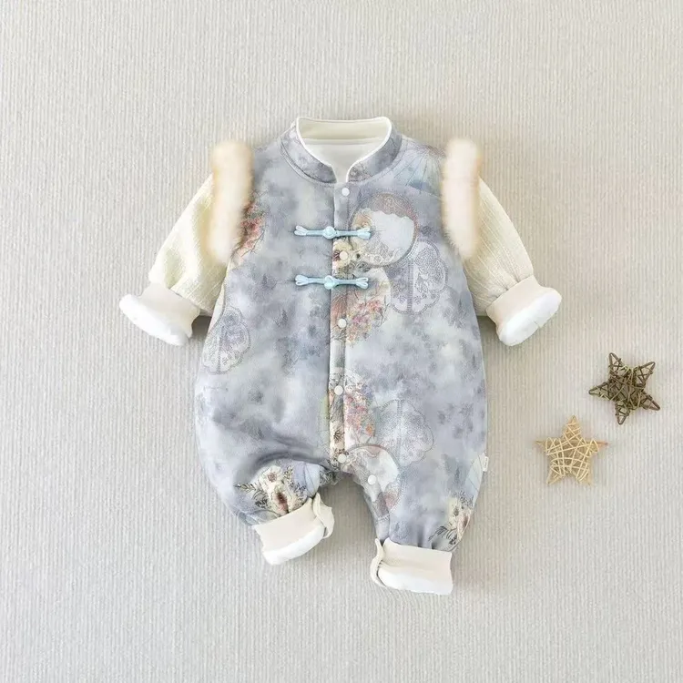 品牌婴儿宝宝加厚中国风冬季拜年服洋气秋冬棉衣连体衣婴