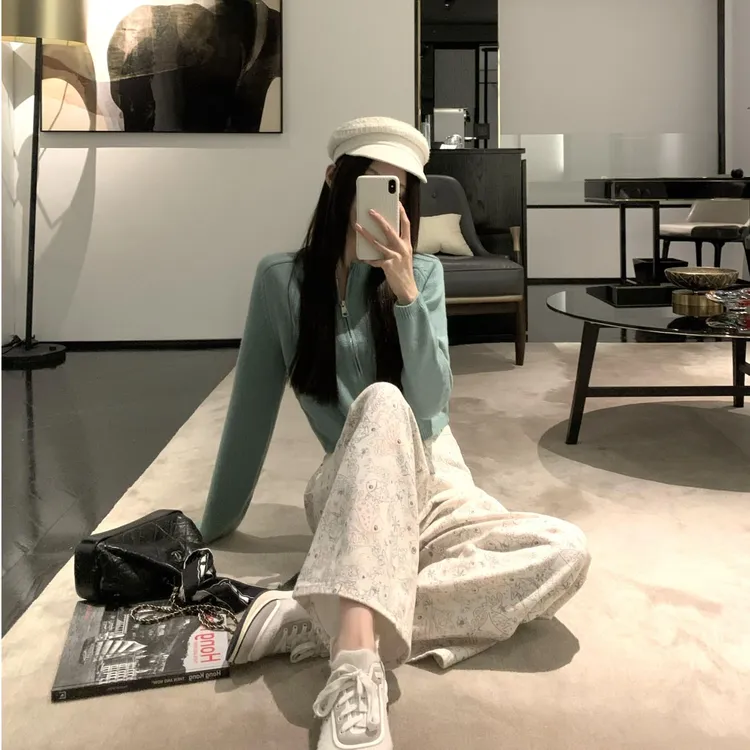 【心动柔柔】法式女神2025春季新款定染色针织开衫上衣高腰印花裤子