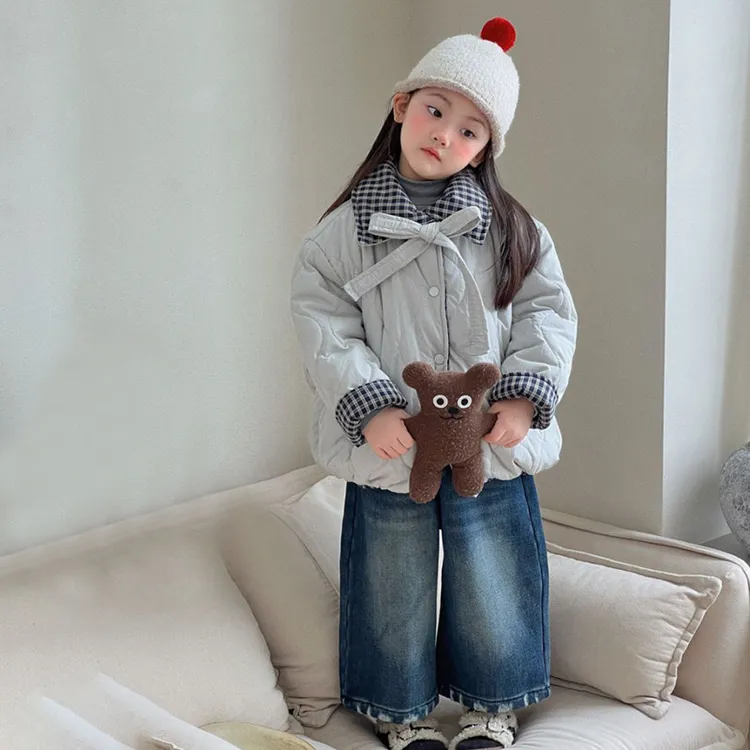 【安安家】女童新款儿童两面穿夹棉外套加绒九分牛仔裤两件套R25573