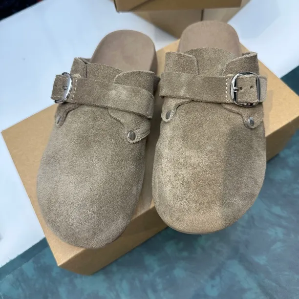 包头拖女平底休闲风秋季皮带扣白色黄色街头风搭扣