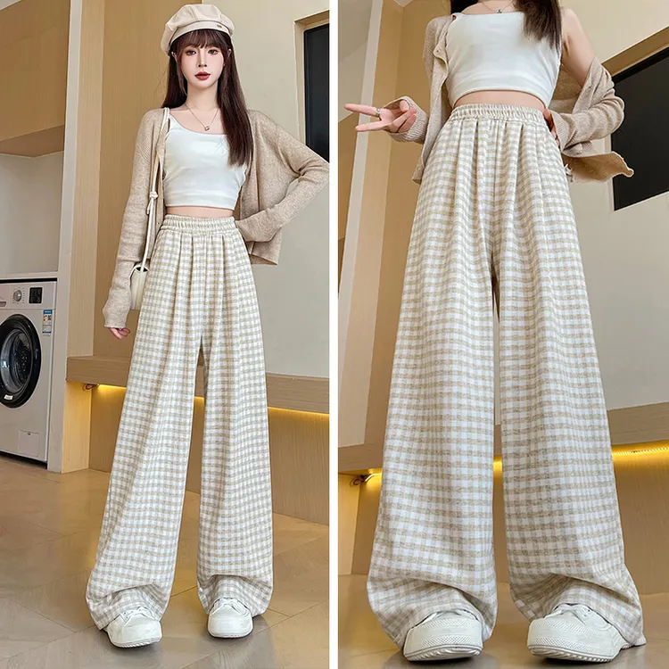 黑白格子裤女春秋高腰垂感2025新款小个子直筒宽松阔腿裤显瘦裤子