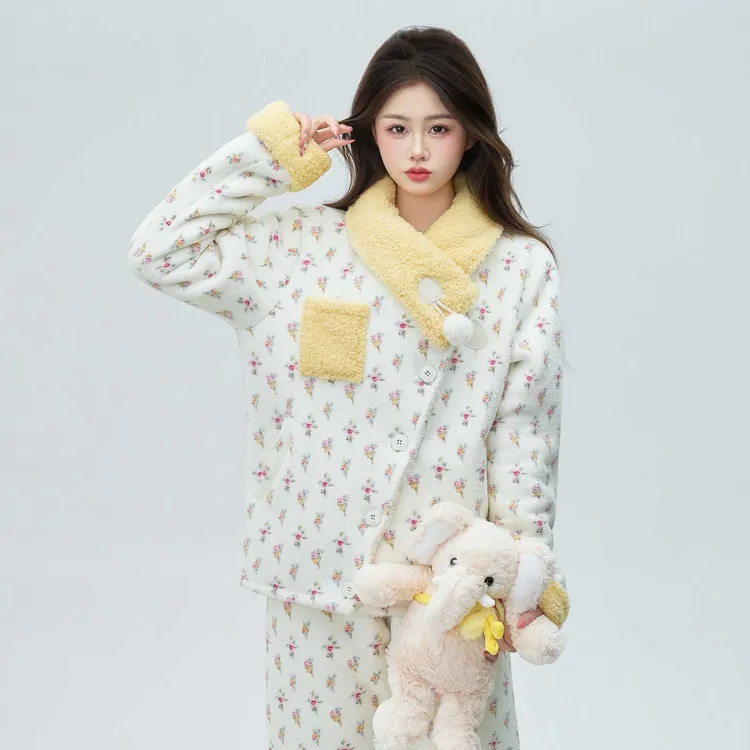 2025新款冬季加厚加绒甜美休闲睡衣女碎花气质保暖家居服外穿清新