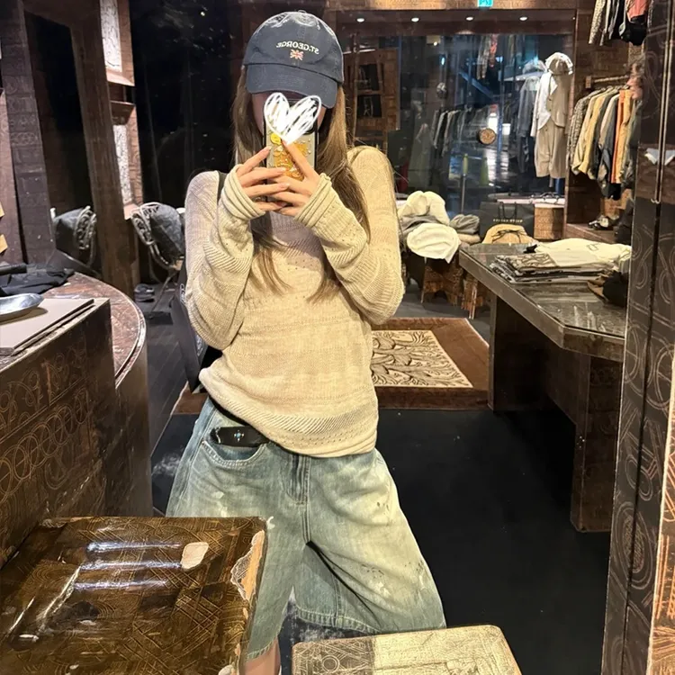 慵懒风松弛感宽松显瘦长袖T恤女早秋薄款镂空罩衫打底针织上衣服