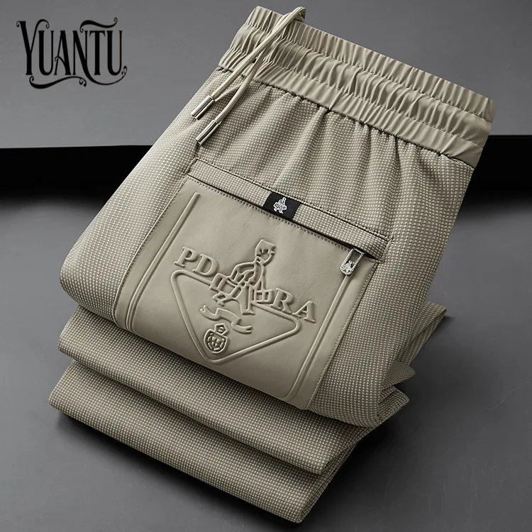 高端时尚拉链口袋冰丝华夫格休闲运动裤男夏季修身薄款束脚卫裤男