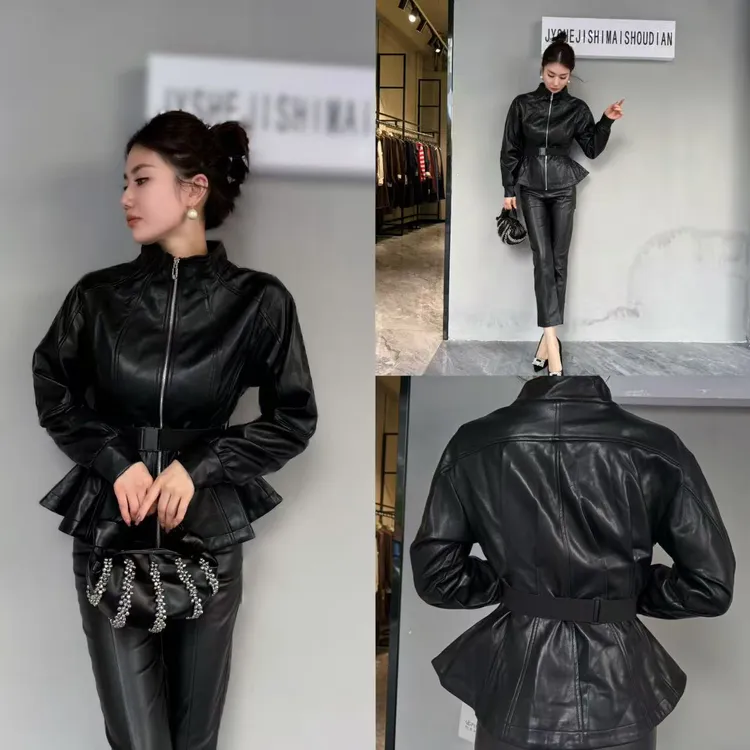 【俊英】皮衣女2025秋季新款设计感时尚拼接修身显瘦百搭长袖皮夹克