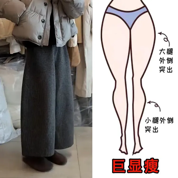 冬季新款大码女装高腰加绒毛呢格子休闲裤百搭显瘦宽松九分阔腿裤