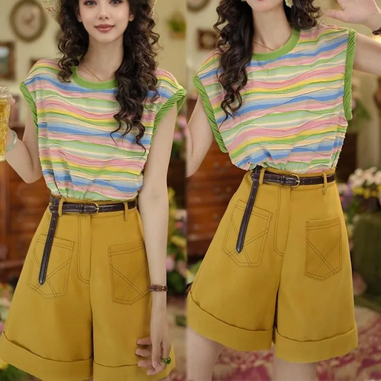 韩系高级感穿搭套装女2025夏季彩色条纹无袖t恤阔腿短裤子两件套