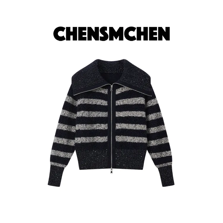 CHENSMCHEN 【冬日絮语】100绵羊毛条纹大翻领拉链开衫CSM12044WL