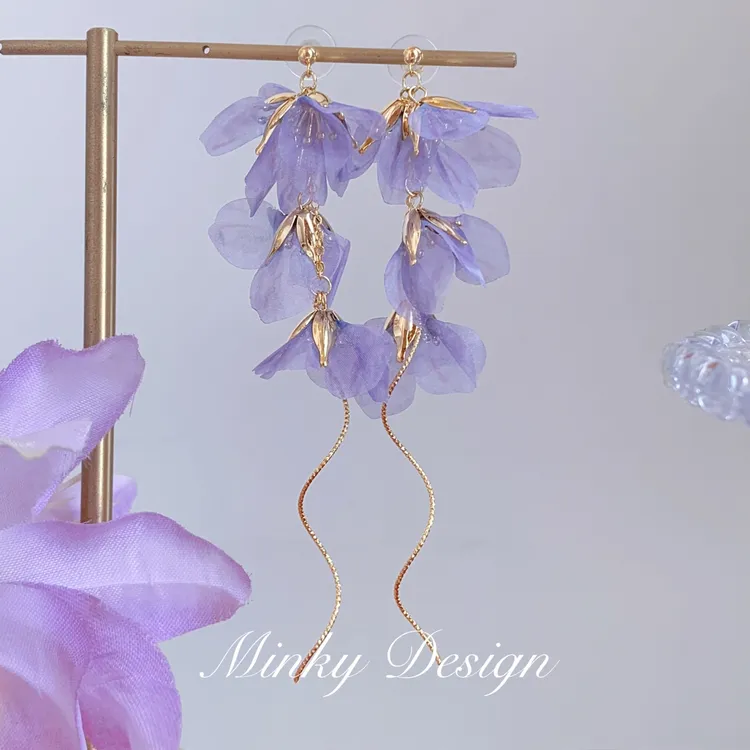 铜合金布艺耳饰 徜徉花海|长款粉色流苏气质耳环女无耳洞小众耳钉