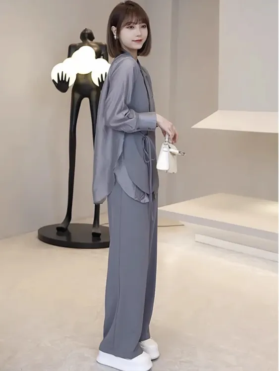大码洋气时尚套装女夏新款防晒薄款遮肉显瘦西装高腰阔腿裤两件套