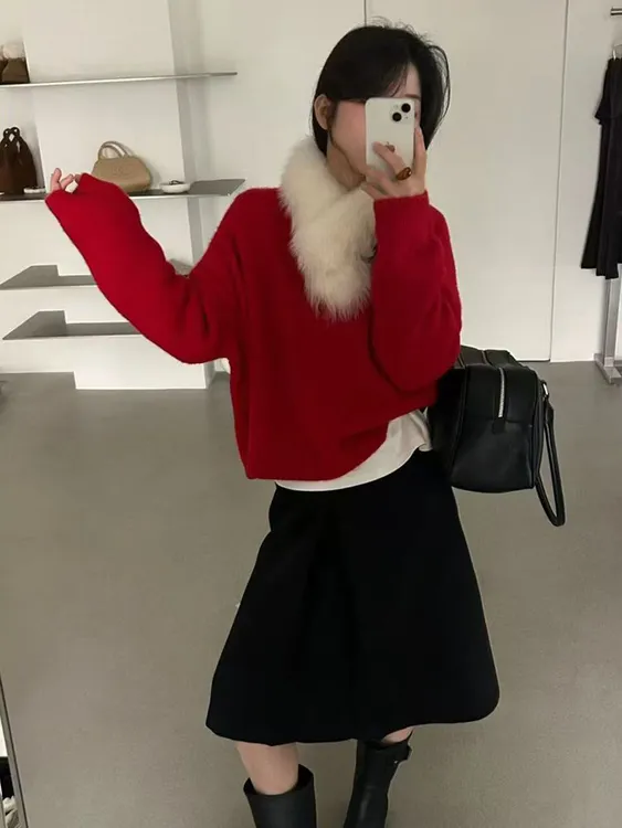 韩系配毛毛领纯色毛衣打底简约又高级上身舒服保暖毛衣(配毛毛领)
