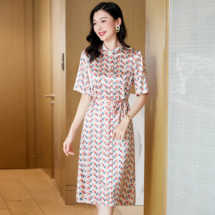 重磅缎面碎花真丝连衣裙女2023年夏装显瘦休闲时尚立领桑蚕丝裙子