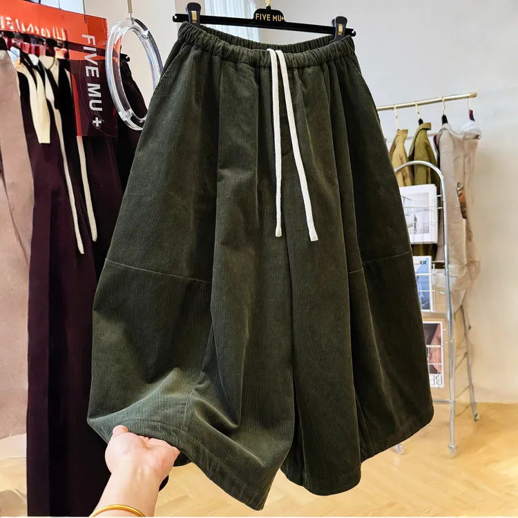 韩系简约松紧高腰大裤腿灯芯绒灯笼裤女复古百搭阔腿八分裤气球裤