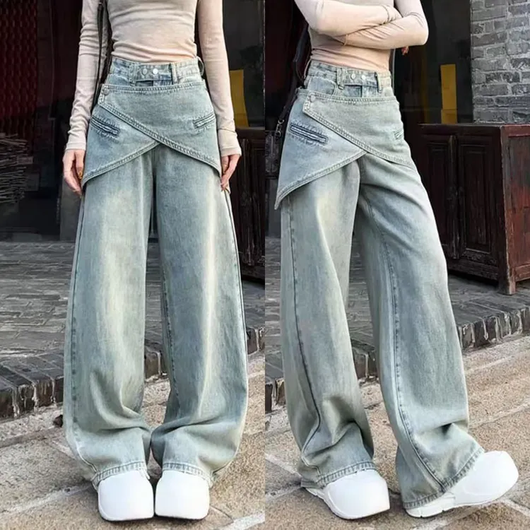 复古可拆卸腰带叠穿牛仔裤女2025早秋新款假两件阔腿裤显瘦拖地裤