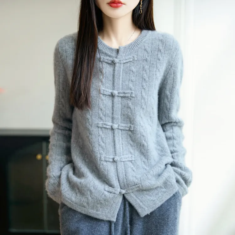 七针加厚中式盘扣绞花开衫秋冬宽松100%羊毛中国风针织长袖上衣