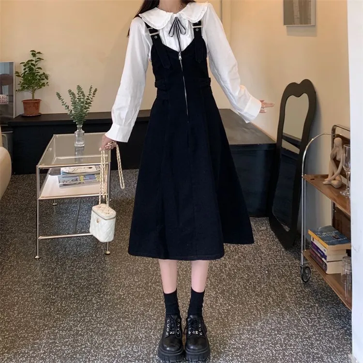 2025秋冬中长款牛仔背带裙女宽松大码胖mm收腰洋气减龄气质连衣裙