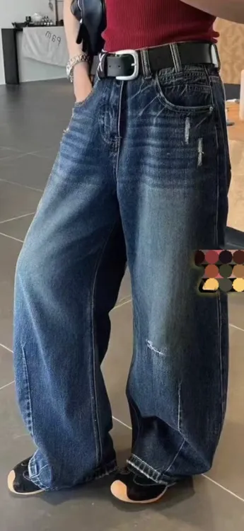 永丽家春季高腰显瘦百搭美式磨破弯刀阔腿牛仔裤女复古休闲时尚
