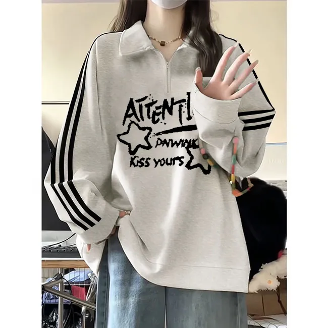 美式复古设计感三条杠polo领卫衣女装宽松百搭显瘦显白学院风外套