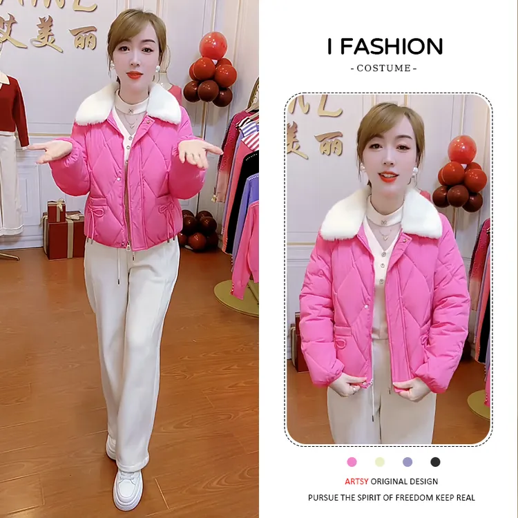 时尚短款羽绒棉服女2025冬季新款小个子洋气蝴蝶结毛毛领保暖棉衣