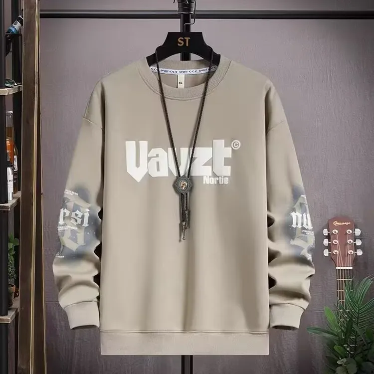 学院风卫衣男秋款美式休闲复古字母印花重磅圆领无帽常规上衣外套