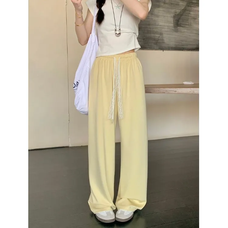 慵懒风蕾丝绑带休闲裤女春季高腰垂感显瘦直筒裤子宽松阔腿裤长裤