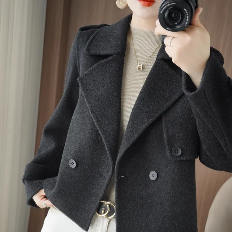 羊毛双面毛呢外套2025秋冬新款小个子宽松西装领妮子上衣